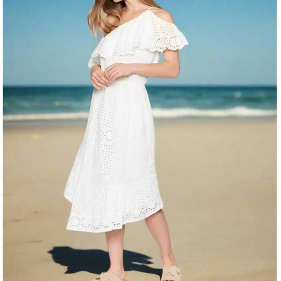 Joie One Shoulder Cotton Eyelet Dress Small White Midi Sleeveless Ruffled Corynn - Picture 2 of 8